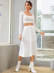 SHEINNeu Solid Crop Tee & Skirt - White - View 3