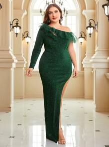 SHEIN Belle Plus Asymmetrical Neck Ruffle Trim Split Thigh Glitter Formal Dress - Dark Green - View 6