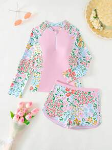 2pcs Teen Girls Floral Print Swimwear Set, Casual Party Beach Holiday, Spring/Summer, Valentine Heart-Shaped Pink/Magenta Color, Gift Kids Swimming ,Kids Beachwear - Multicolor - View 1