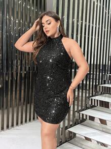 SHEIN Privé Plus Sequin Halter Neck Backless Bodycon Dress - Black - View 4