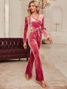 SHEIN Clasi Surplice Neck Belted Top & Flare Leg Pants - Dusty Pink - View 5
