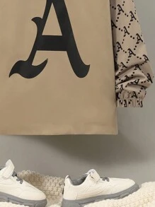 SHEIN 男大童字母圖案插肩袖翻蓋口袋毛絨內襯連帽外套 - 卡其色 - 查看 7