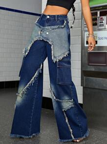 SHEIN EZwear Two Tone Raw Trim Flap Pocket Jeans - Medium Wash - View 3