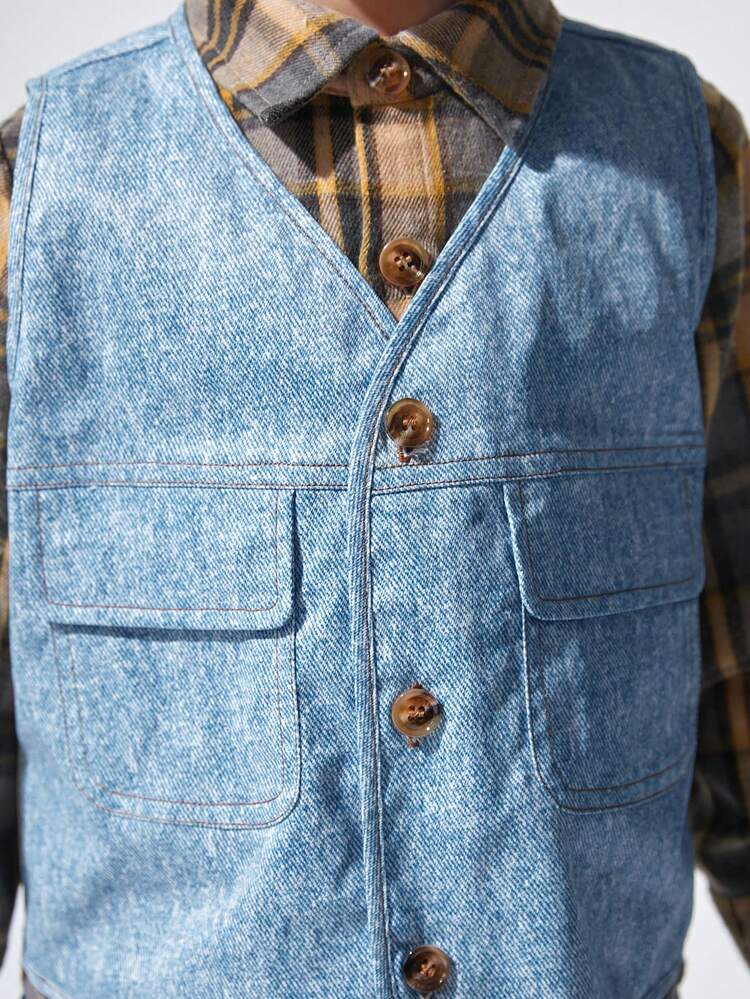 Young Boy Plaid Print Shirt & Button Front Vest & Pants