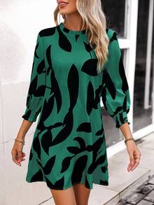 SHEIN Clasi Allover Print Lantern Sleeve Tunic Dress - Green - View 7
