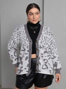 SHEIN Essnce Hơn Hoa văn Báo Thả vai Áo len Mở - Xám - Xem 1