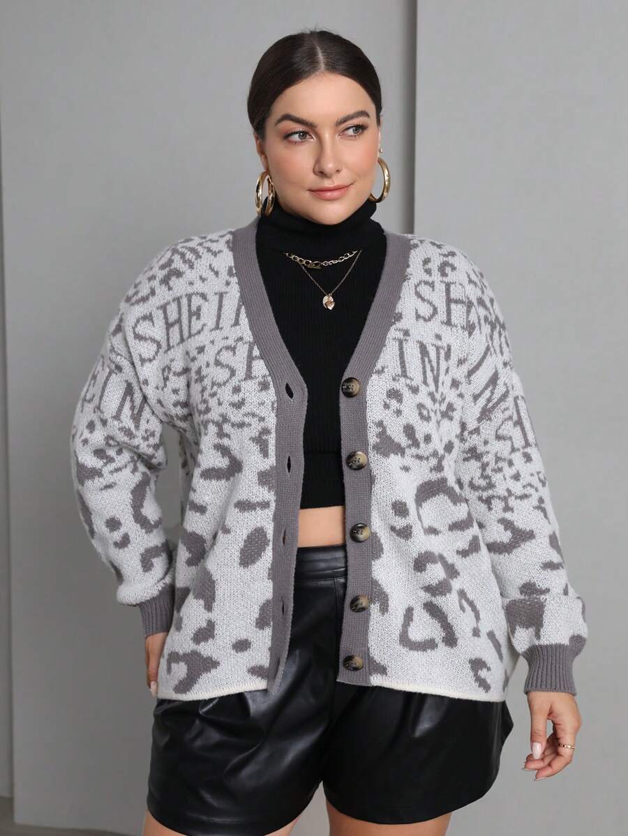 SHEIN Essnce Hơn Hoa văn Báo Thả vai Áo len Mở - Xám - Xem 1
