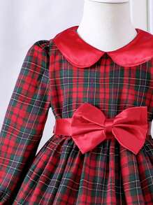 SHEIN Young Girl Tartan Print Peter Pan Collar Bow Front Dress for Christmas - Red - View 3