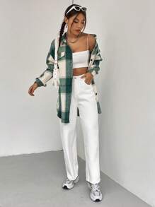 SHEIN Unity Plaid Print Drop Shoulder Flap Detail Overcoat - Green - View 3