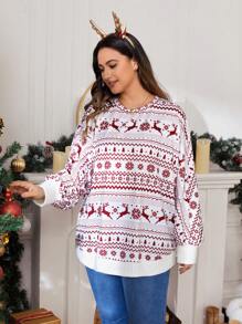SHEIN LUNE Plus Christmas Print Drop Shoulder Sweatshirt - White - View 1