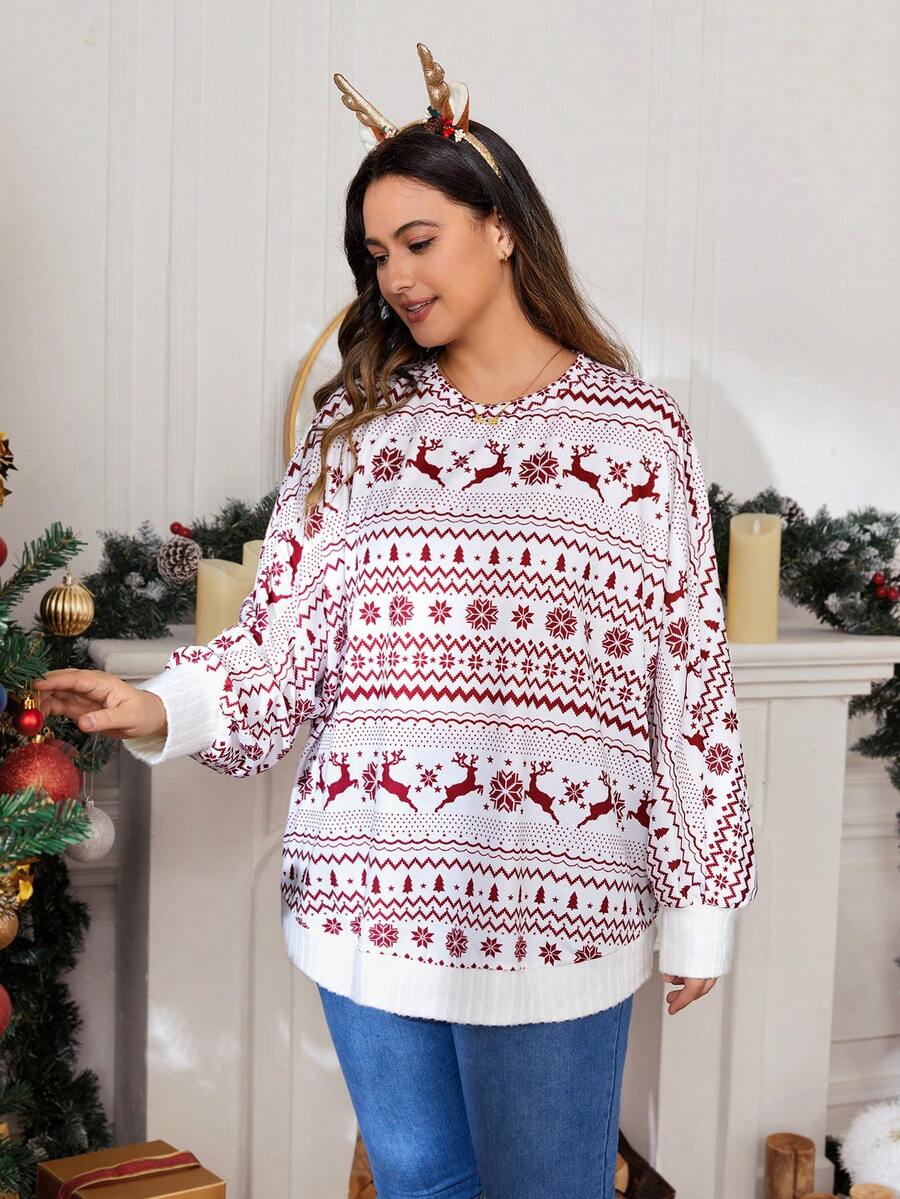 SHEIN LUNE Plus Christmas Print Drop Shoulder Sweatshirt - White - View 1
