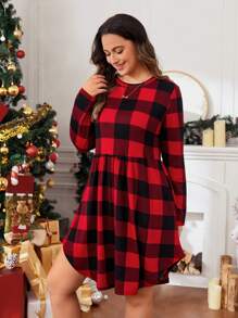 SHEIN LUNE Hơn In kẻ sọc Buffalo Váy Smock - Đỏ - Xem 5