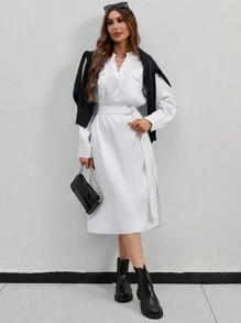 GENKIRA Flap Pocket Split Thigh Belted Shirt Dress - White - View 5