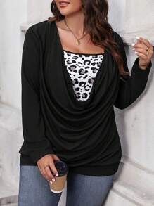 SHEIN LUNE Plus Leopard Print Draped Front Tee - Black - View 1