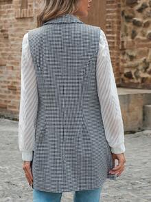 EMERY ROSE Houndstooth Print Lapel Neck Vest Overcoat - Black and White - View 2