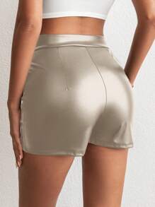 EURMUSE High Waist PU Leather Shorts - Beige - View 2