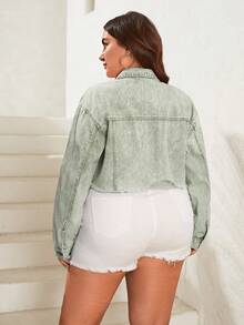 SHEIN VCAY Plus Flap Pocket Drop Shoulder Denim Jacket - Green - View 2