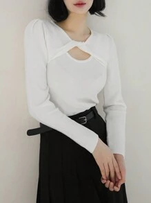 DAZY Unifarben Twist-Ausschnitt Ausschnitt Puffärmel Pullover Herbst - Weiss - Übersicht 1