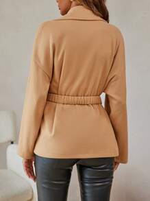 SHEIN LUNE 西裝領落肩袖腰帶花呢外套 - 杏色 - 查看 2