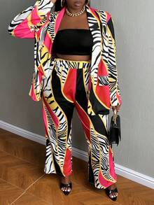 Slaydiva Plus Zebra Striped & Chain Print Blazer & Flare Leg Pants - Multicolor - View 4
