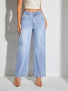 SHEIN BAE High Waist Pocket Side Wide Leg Jeans - Light Wash - View 1