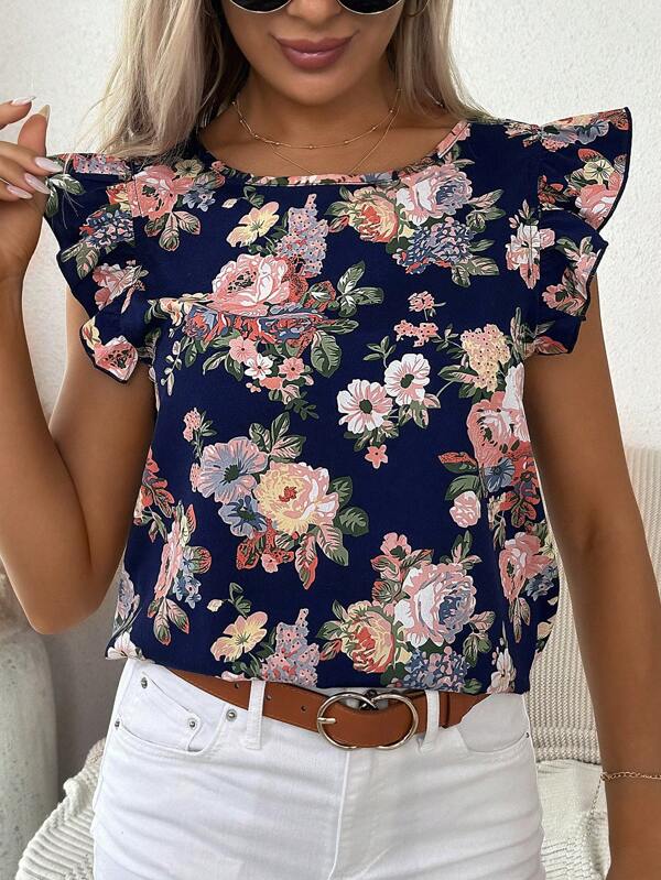 SHEIN LUNE Floral Print Ruffle Trim Blouse,Casual