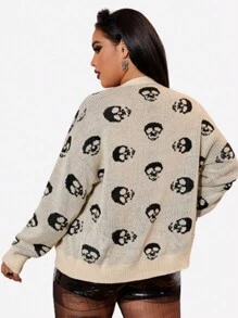 SHEIN EZwear 加骷髏圖案落肩開衫 - 杏色 - 查看 3