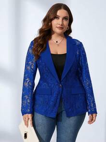 SHEIN Clasi Plus Lapel Neck Flap Detail Lace Blazer - Royal Blue - View 5