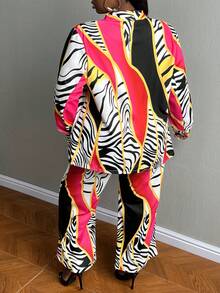 Slaydiva Plus Zebra Striped & Chain Print Blazer & Flare Leg Pants - Multicolor - View 2