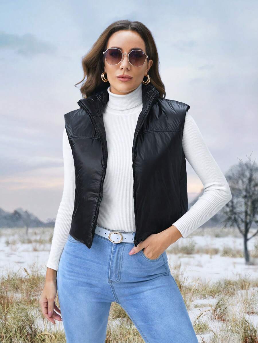 SHEIN LUNE Zip Up PU Leather Vest Padded Padded Coat Clothes Winter - Black - View 1