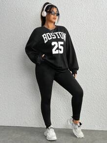 SHEIN EZwear Plus Letter Graphic Drop Shoulder Sweatshirt & Leggings - Black - View 6