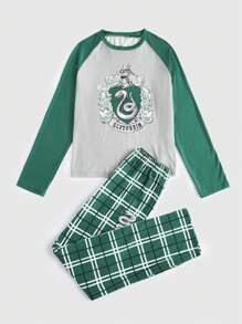 Harry Potter | ROMWE 女士字母和蛇印花上衣和格紋長褲睡衣套裝