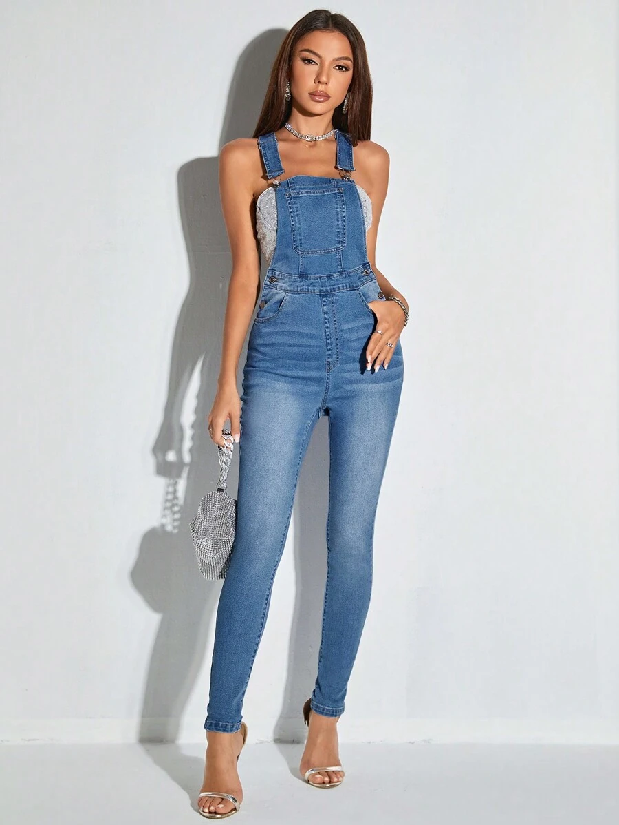 SHEIN BAE Petos mezclilla con parche con bolsillo sin top tubo - Lavado ligero - Ver 1