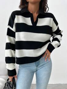 EURMUSE Striped Pattern Drop Shoulder Sweater - Black - View 1