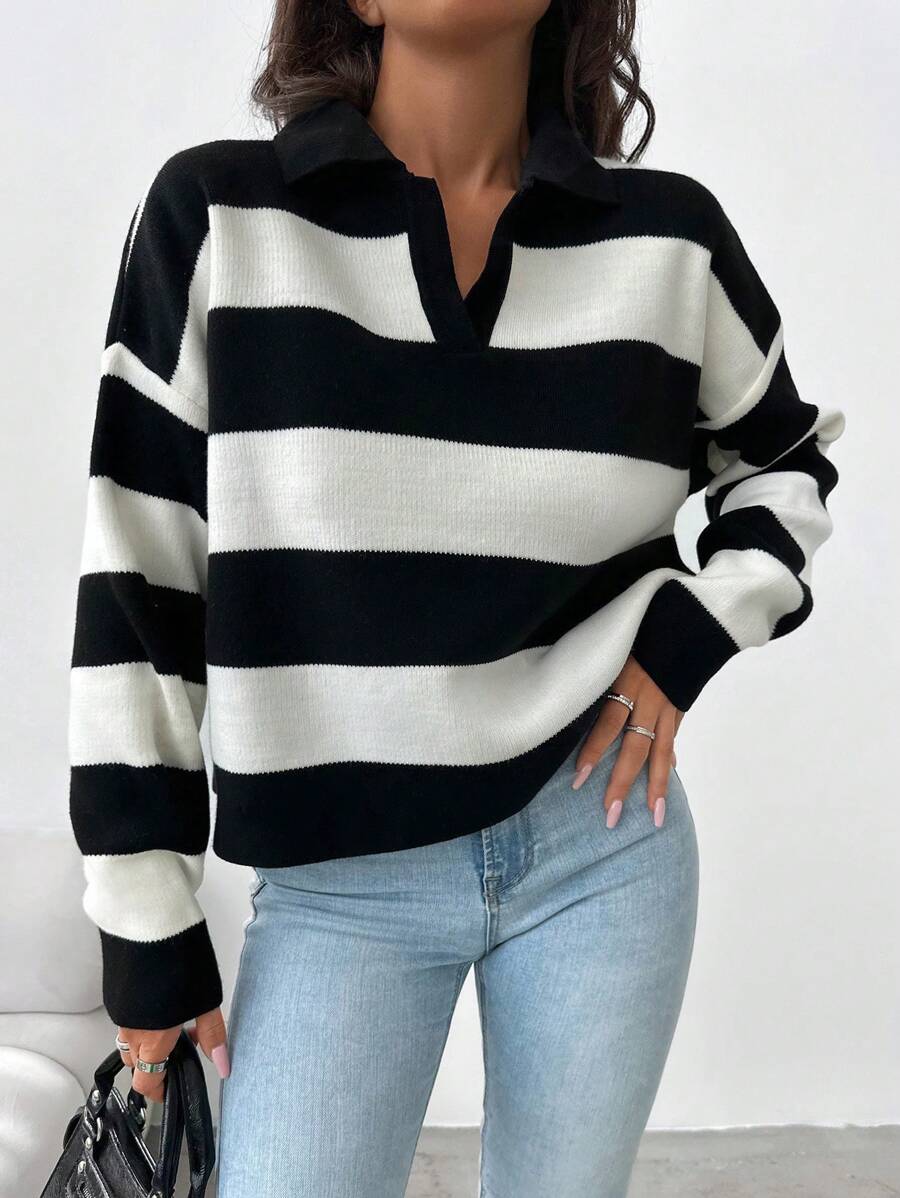 EURMUSE Striped Pattern Drop Shoulder Sweater - Black - View 1