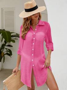 Swim Vcay Summer Beach Solid Button Front Kimono - Hot Pink - View 4