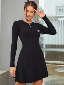 SHEINNeu Crown Pattern Ribbed Knit Dress - Black - View 3