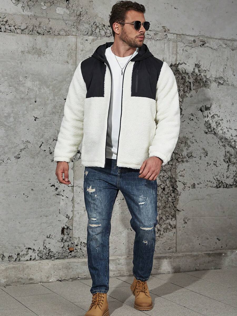 Manfinity Homme 男式加大码双色拉链连帽泰迪加厚外套 - 米色 - 查看 1