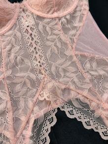 Floral Lace Underwire Garter Lingerie Set With 1pair Stocking - Baby Pink - View 5