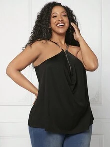 SHEIN CURVE+ 大碼前拉鍊素色吊帶上衣 - 黑色 - 查看 7