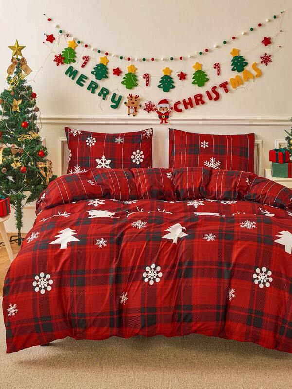 3pcs Christmas Red Plaid & Snowflake Pattern Printed Polyester Duvet Cover Set