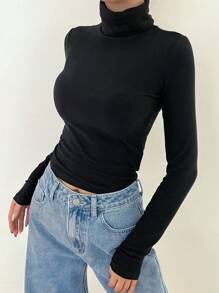 DAZY Solid High Neck Tee Long Sleeve Women Tops