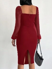 EURMUSE Vestido ajustado de cuello cuadrado de manga farol fruncido - Rojo - Ver 3