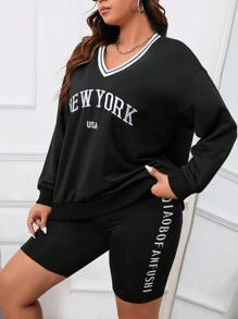 SHEIN EZwear Plus Letter Embroidery Striped Trim Drop Shoulder Sweatshirt - Black - View 1