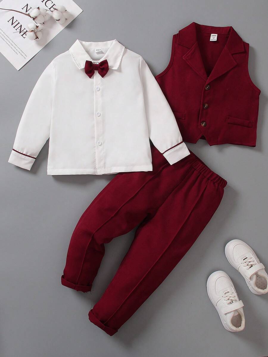 SHEIN 年輕男孩3入組紳士西裝套裝：長袖襯衫+西裝背心+長褲，優雅穿搭，適用於情人節、生日派對、晚宴活動、婚禮、1歲生日、洗禮和婚禮季節