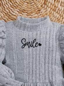 SHEIN 可愛編織連衣裙,帶圖案設計,嬰兒女孩字母刺繡和小高領襯衫 - 灰色 - 查看 3