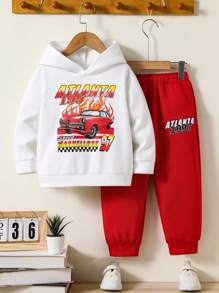 SHEIN 男小童汽車和字母圖案連帽衫和運動褲 - 白色 - 查看 1