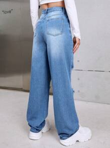 破洞直筒牛仔褲 - 藍色 - 查看 2