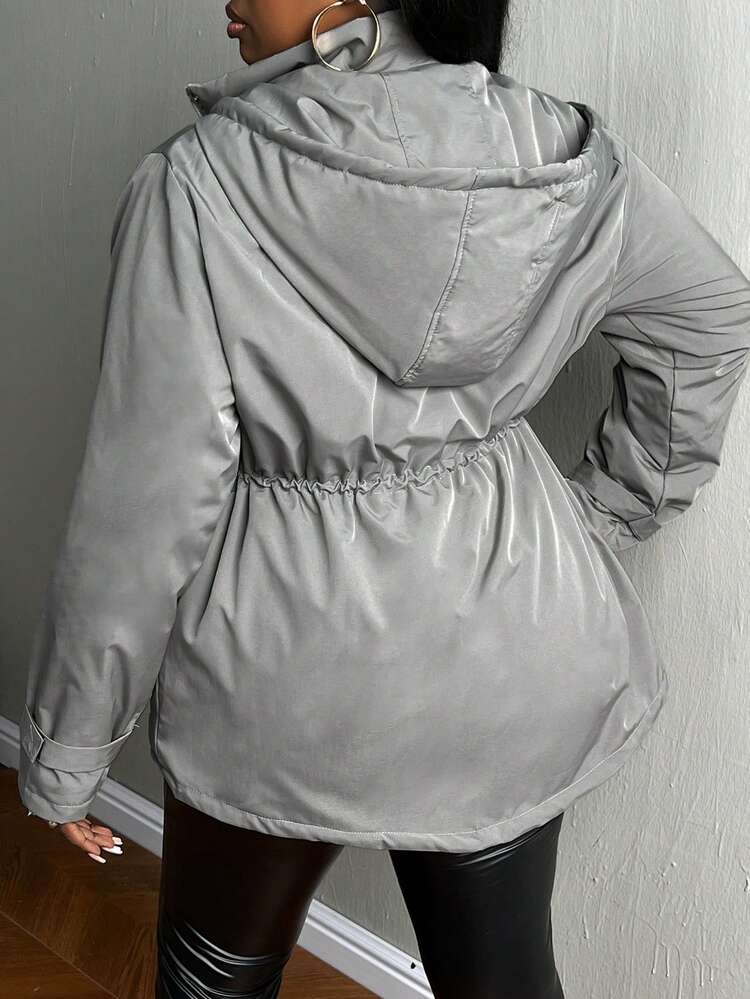 Plus Size Flap Pocket Drawstring Waist Hooded Padded Coat