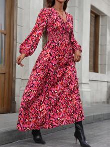 SHEIN Frenchy Allover Print Lantern Sleeve Overlap Collar Dress - Red - View 5